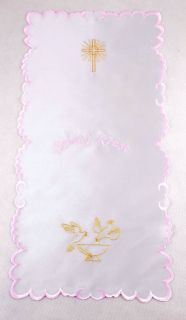 Křestní rouška větší - zlato růžová výšivka, motiv "Dvě holubičky"