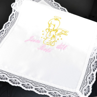 Křestní rouška vyšívaná, vzor Andělíček (zlato růžová výšivka)