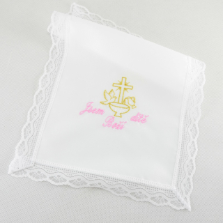 Křestní rouška vyšívaná, vzor křtitelnice s holubičkou a džbánkem (růžovo - zlatá výšivka)