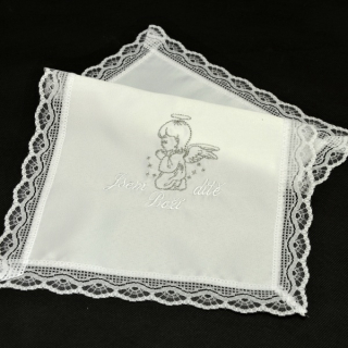 Křestní rouška vyšívaná, vzor Andělíček (stříbrno - bílá výšivka)