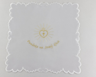 Křestní rouška čtvercová - obšívaná, s bílo zlatou výšivkou, vzor Zářící srdce