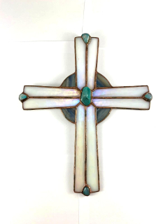 Kříž z opálového skla - amazonit s acháty (střední 26,5 cm)