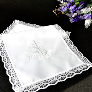 Křestní rouška vyšívaná, vzor Křížek s klasem (stříbrno - bílá výšivka)