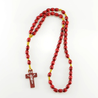 Růženec s dřevěnými perličkami prostý - višňově červený