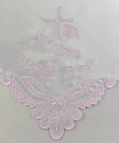 Křestní rouška čtvercová - obšívaná, s růžovo stříbrnou výšivkou, vzor Holubička