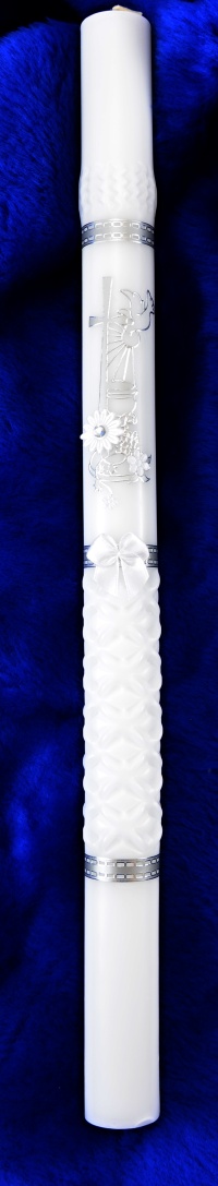 Křestní svíce - velká, s možností doplnit si jméno a datum křtu - bílo stříbrné aplikace