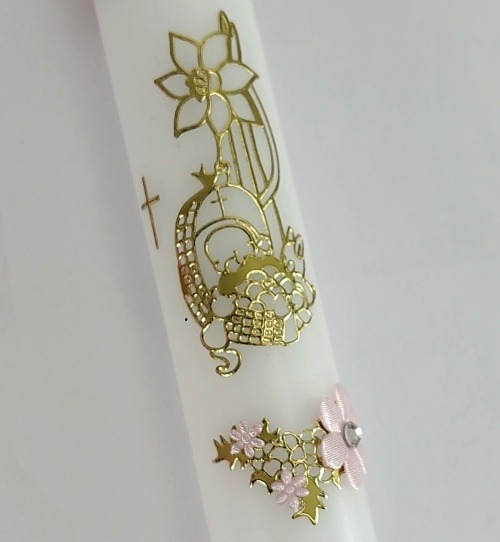 Křestní svíce - velká, s možností doplnit si jméno - varianta "děťátko - zlato růžové aplikace"