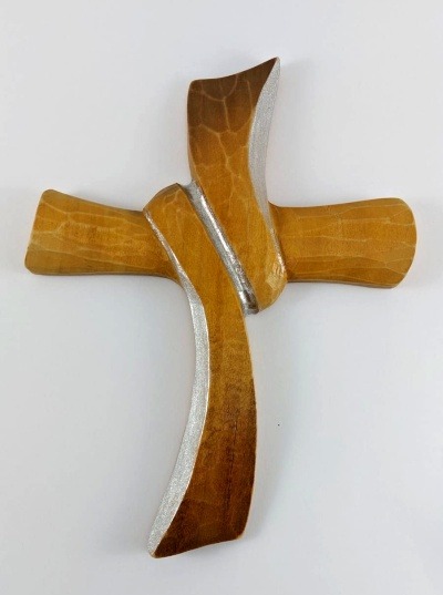 Kříž s vázaným břevnem - dřevěný s metalickým efektem, 20 cm