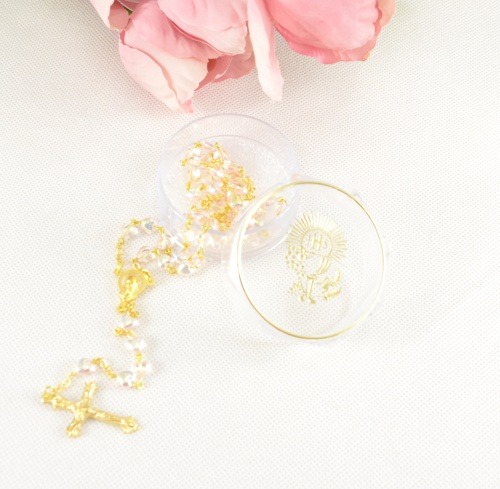 Památka na první sv. přijímání - růženec v památeční krabičce (pudrová srdíčka)