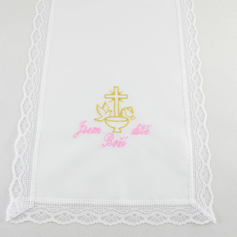 Křestní rouška vyšívaná, vzor křtitelnice s holubičkou a džbánkem (růžovo - zlatá výšivka)