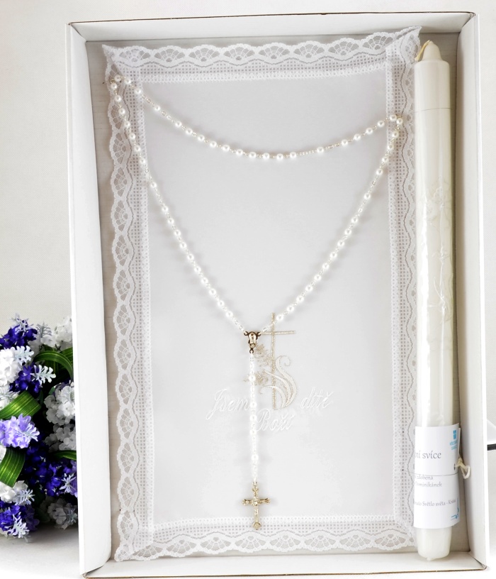 Křestní sada - bílo stříbrná,  3 dílná (motiv Křížek s klasem)