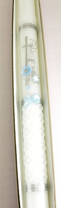 Křestní svíce - velká, s možností doplnit jméno a datum křtu - světle modro stříbrné aplikace