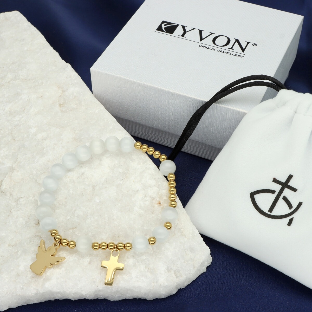 Luxusní dárkový růžencový náramek - mléčný křemen (barvená ocel - zlatá)