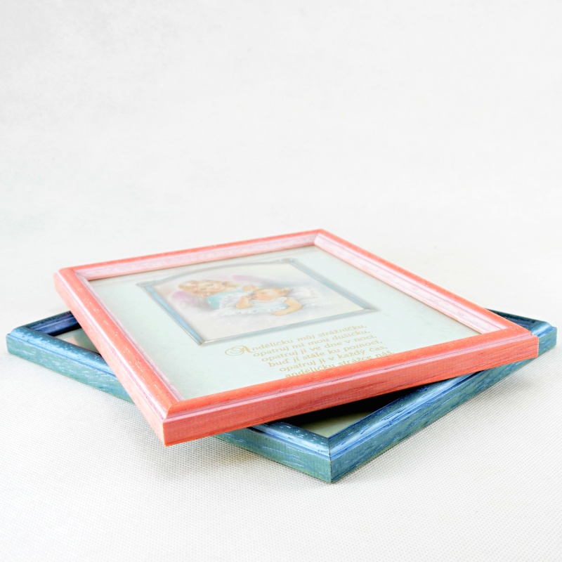 Vlídný obrázek s andělskou modlitbičkou - zasklený, v rámečku - Modravý rámeček