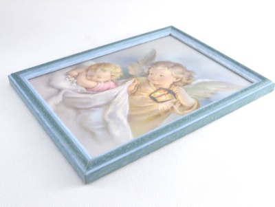 Andělíček nad postýlku "Hezké sny" - zasklený, v rámečku - Modravý rámeček