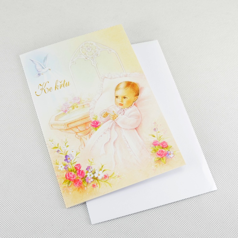 Přání ke křtu: vzor Děťátko s holubičkou - Narůžovělý