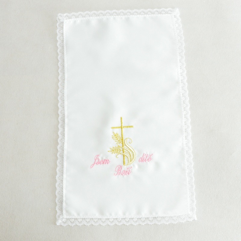 Křestní rouška vyšívaná vzor 5: křížek s klasem (růžovo - zlatá výšivka)