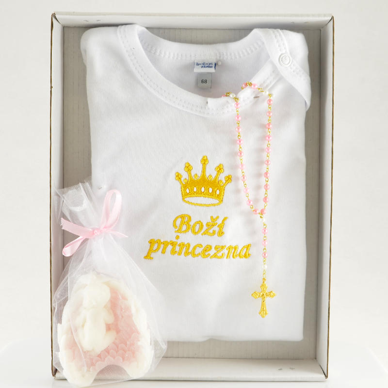 Křestní dárková kazetka pro Boží princezničku (tří dílná - body, růženeček, dětské mýdlo)