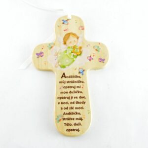 Dětský dřevěný křížek na pověšení, s modlitbičkou