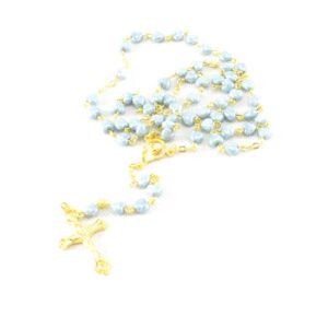 Růženec z Jabloneckých skleněných perliček: blankytně modrá srdíčka se zlatavým ketlováním