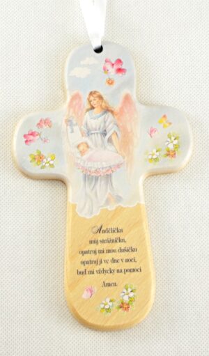 Dětský dřevěný křížek s modlitbou k Andělu strážnému (s miminkem v peřince)