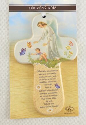 Dětský dřevěný křížek s modlitbou k Andělu strážnému (s chlapečkem)