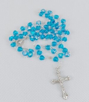 Růženec z Jabloneckých skleněných perliček: tyrkysově modrá srdíčka se stříbrným ketlováním